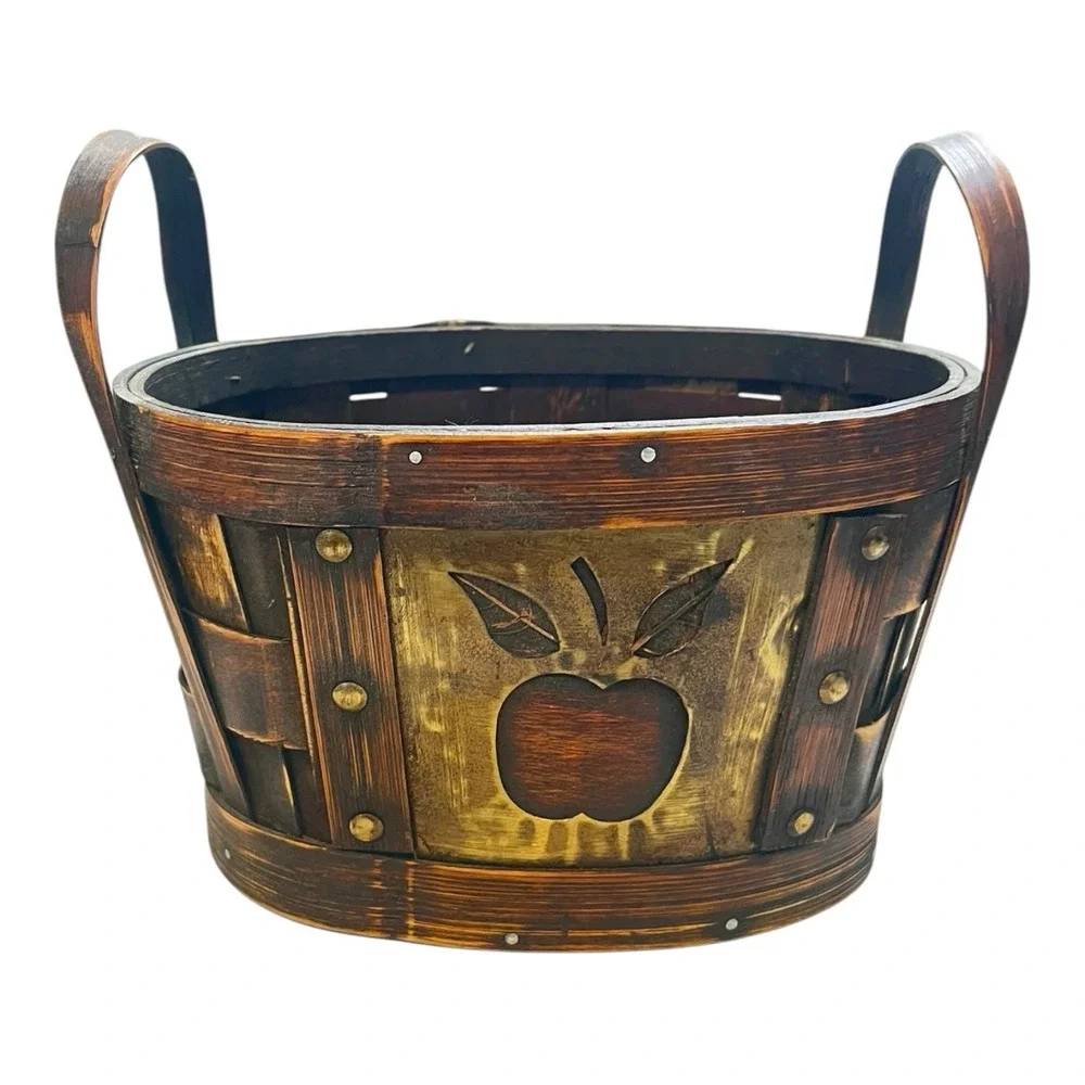 Wood & Tin Basket with Handle Apple & Leaf‎ Appliqué Fall Harvest Thanksgiving
